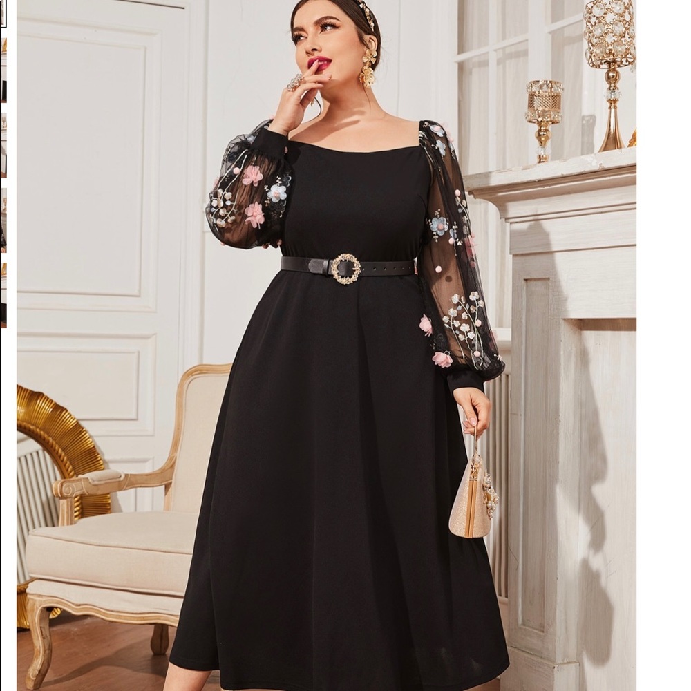 SHEIN Black floral appliqué dress.